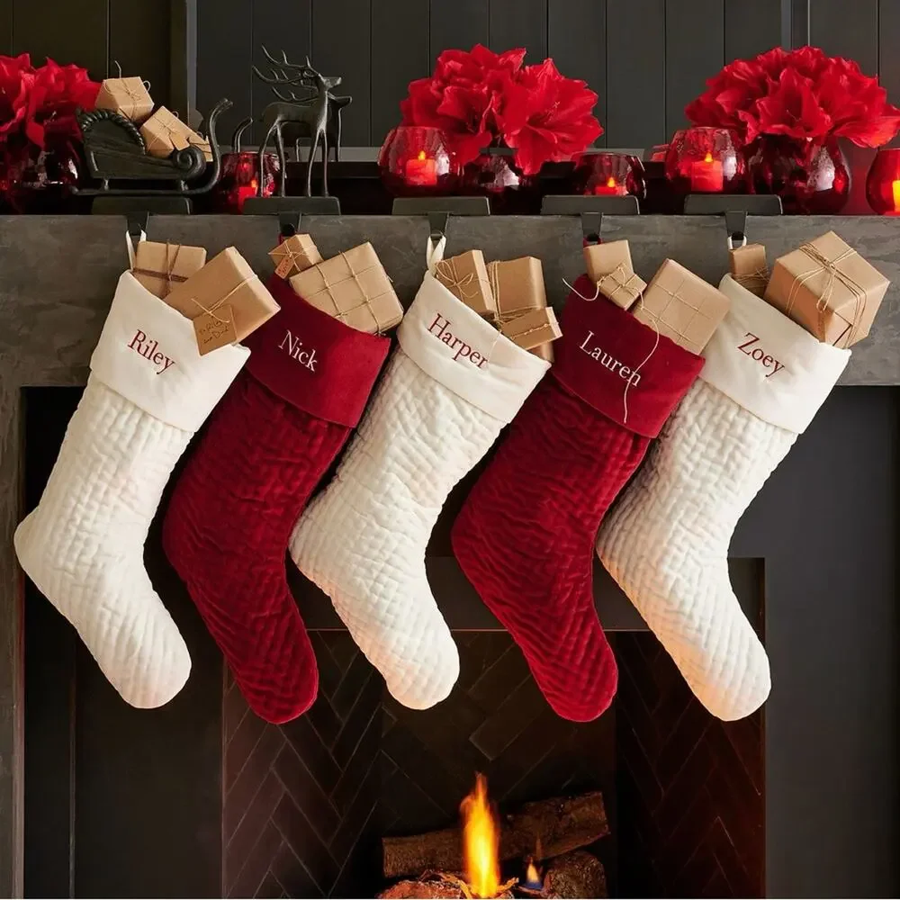 New Pottery Barn Ivory w RED “EMMA” Embroidery Large Channel Quilted Stocking